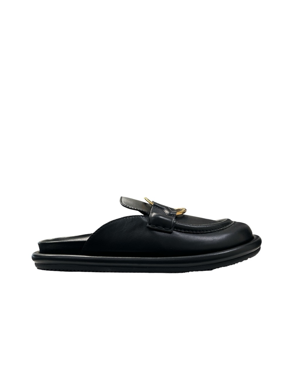 Moncler Bell Mule Black Leather Slip-On Mules with Gold Ring Accent - Picture 7 of 7